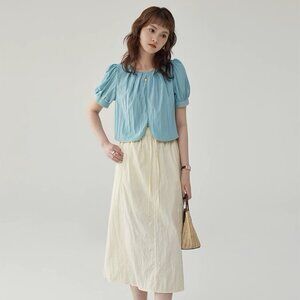 Brand New Green Short Sleeve Top - Double Gauze Cotton, Semi-Cropped